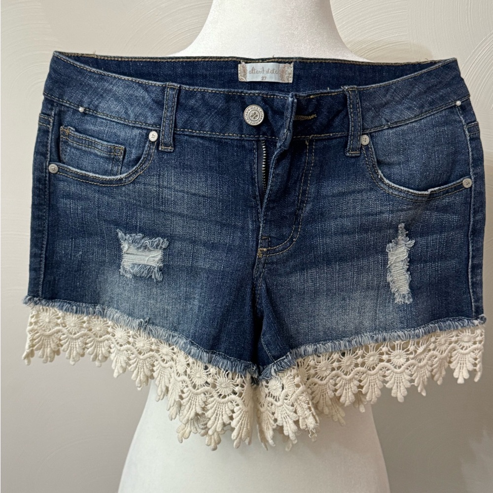 Altar'd State Dark Blue Denim Shorts with Contrast Stitching